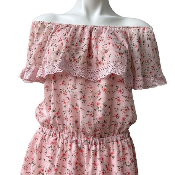 Bongo Womens Maxi Dress Floral Off Shoulder Elastic Waist Lace Trim Pink Size XL - Picture 5 of 11